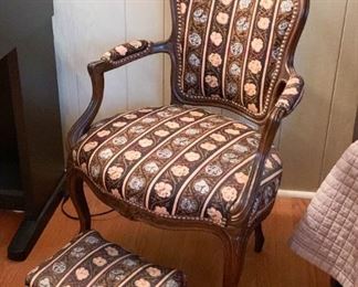 LOT #183 - $150 - Antique / Vintage Upholstered Open Armchair with Matching Foot Stool