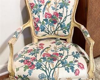 Pair of French Provincial Open Armchairs with Floral / Bird Upholstery (there are two of these chairs).  Not available for online purchase.  If interested in buying pre-sale, TEXT us at 312-320-9769.