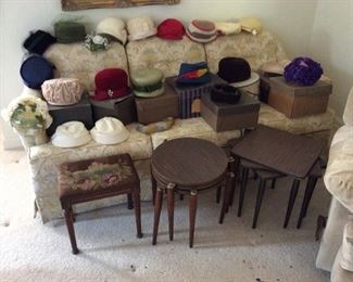 vintage hats and mid century stacking tables