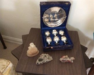 soap stone collectibles ,and silver plate wine set