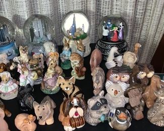 Snowglobes and, Royal Doulton, Beatrix Potter and Artisan figurines (several made in Uruguay. 