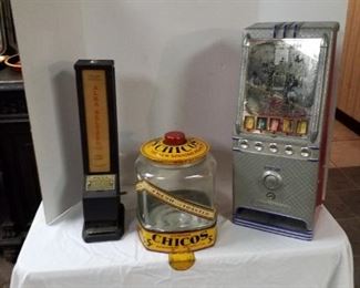 Alka Seltzer vending machine/Curtis Chicos spanish peanuts glass jar dispenser/antique gum dispenser