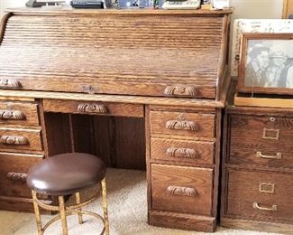 Great roll top desk and wood file cabinet
