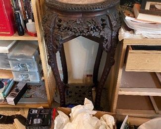 Early fret carved Chinese Rosewood and marble stand.