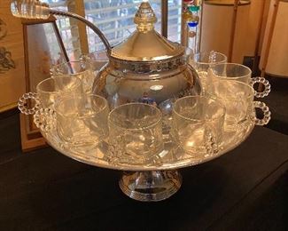 Chrome, lucite and glass punch bowl set