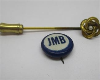 Vintage stick pin and 1/2" Junior Mission Band pin ca 1940.  Wear to plating on stick pin