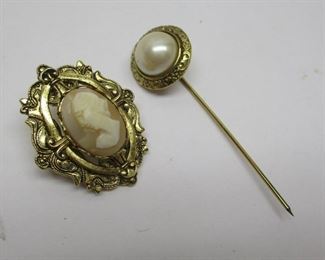 A one inch costume cameo pin and a faux pearl stick pin