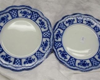 Two Melbourne flow blue W. H. GRINDLEY plates. These are circa 1891 and have the old Globe and Banner stamp on the reverse.  Bead pattern around the rim.  6 7/8" diameter