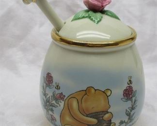 Lenox porcelain honey pot with images based on Winnie the Pooh works.  5" tall excluding the dipper