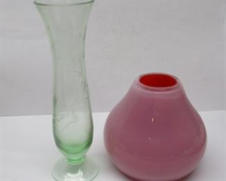 Vaseline glass bud vase with etched pattern. 5 7/8" tall
Pink art glass vase.  3.25" tall