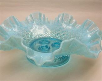 Fenton blue opalescent art glass epergne base, diamond and lace pattern, bowl only.10.5" diameter