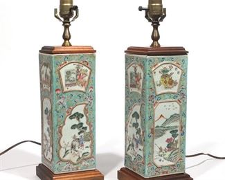Lot 100 | PAIR CHINESE BLUE GROUND SQUARE VASES/LAMPS