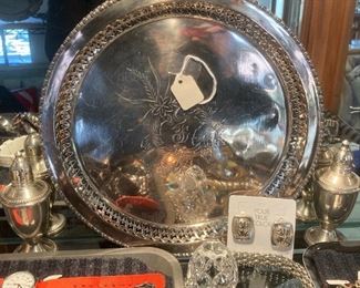 Silver salt and pepper shakers and serving tray