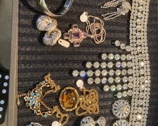 cubic zirconia choker necklace and earrings; sterling silver bracelet and earrings