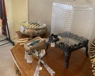 Mirrored cake stand; cut glass salt and pepper