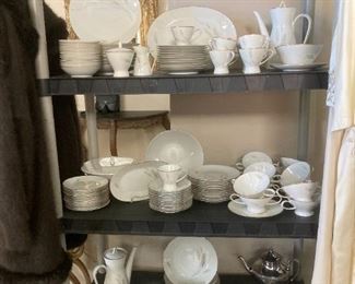 mid-century modern Rosenthal china that can serve up to twelve with bouillon bowls; silver coffee pot