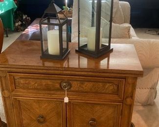 Thomasville server -- top opens up; battery operated hurricane lamps