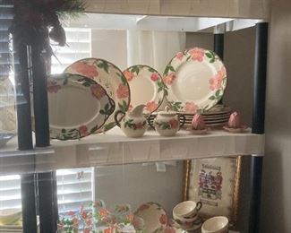 Franciscan Desert Rose dinner set with dessert glasses and highball glasses