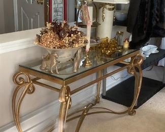 Glass top sofa table; decorative table lamp; vintage mouth blown glass punch bowl set with matching ladle in honey color