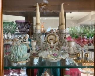 Dresden figurine; Dresden clock; Dresden short candlestick holders; Dresden tall candlestick holders; Dresden candy dish; Nachtmann crystal classes 