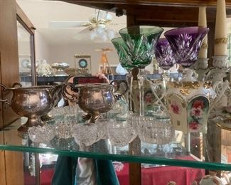 Nachtmann crystal classes; american pressed glass childs play set; american cut glass salts