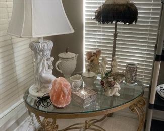 Glass top coffee table; porcelain table lamp; decorative table lamp with feathers
