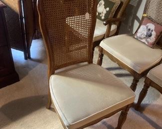 THOMASVILLE FURNITURE Decorum Collection Cane Back Chairs - 6 Dining and 2 Arm Chairs; needlepoint poodle pillows