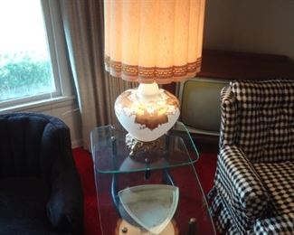 BUY-IT NOW PAIR MID CENTURY TABLE LAMPS FROSTED GLASS BASE WITH LIGHT, HAND PAINTED GOLD GILT LEAVES, ORIGINAL SHADES 1 OF 2  $300 PAIR