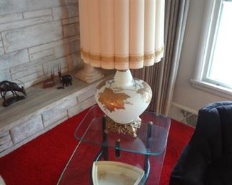 BUY-IT NOW PAIR MID CENTURY TABLE LAMPS FROSTED GLASS BASE WITH LIGHT, HAND PAINTED GOLD GILT LEAVES, ORIGINAL SHADES  2 OF 2  $300 PAIR