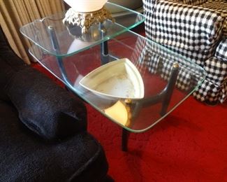 BUY-IT NOW PAIR MID CENTURY WOOD & GLASS STEP TABLES WITH REMOVABLE PLANTER 1 OF 2  $400 PAIR 