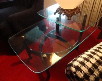 BUY-IT NOW PAIR MID CENTURY WOOD & GLASS STEP TABLES WITH REMOVABLE PLANTER 1 OF 2  $400 PAIR 