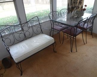 VINTAGE WROUGHT IRON PORCH FURNITURE 13 PIECES INCLUDES: TABLE WITH 4 CHAIRS,  LOVESEAT, 2 CHAIRS, 3 TABLES & CHAISE LOUNGE WITH FOOTSTOOL
