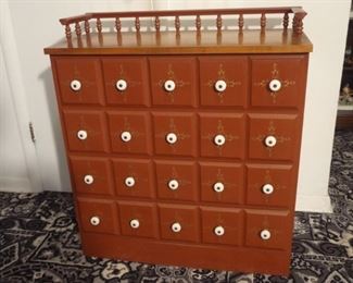 BUY-IT NOW VINTAGE O'HEARN SOLID SUGAR MAPLE CABINET HAS 4 HORIZONTAL DRAWERS, NOT 20 INDIVIDUAL. REDDISH, RUST PAINT, GOLD TRIM WITH NATURAL FINISH TOP  34" H x 30" W x 14"D  $295