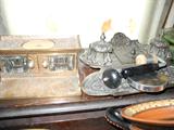 Antique brass desk inkwell pieces