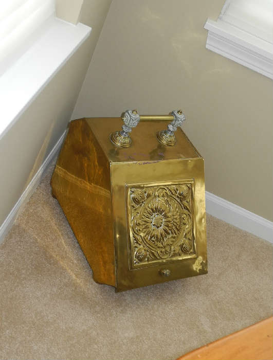 Antique brass coal bin with tools inside