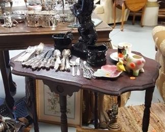 Side table, mid-century horse lamp, silver plate flatware