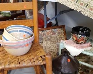 Woven cane seat rocker & pottery