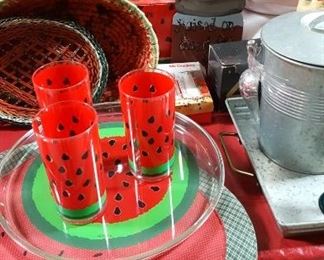 Watermelon plates, tumblers, ice bucket