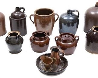 Lot of 12 earthenware jugs and pots, includes tray and copper pieces.