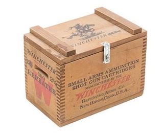 Vintage wooden Winchester ammo box, hinged lid, stamped.