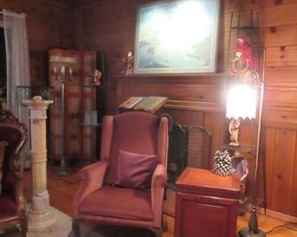 Queen Anne club chair, chinese storage table,