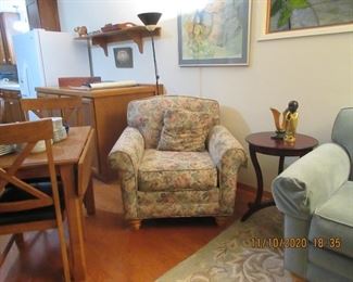 pr of over stuffed floral chairs w/bun feet