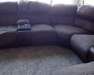 LARGE SUEDE LEATHER SECTIONAL / ROUND WITH 2 - ELECTRIC RECLINERS - CHASE - MEDIA CENTER