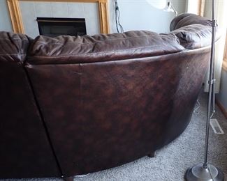 LARGE SUEDE LEATHER SECTIONAL / ROUND WITH 2 - ELECTRIC RECLINERS - CHASE - MEDIA CENTER