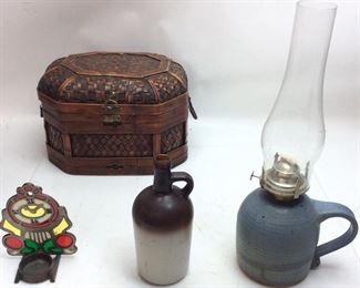 CHOICE LOT, STAIN GLASS CANDLE HOLDER, OIL LAMP, BASKET