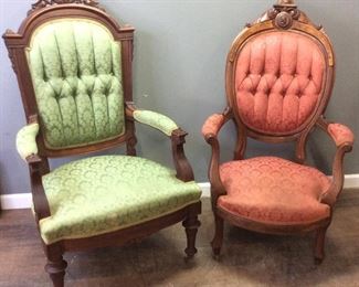 2 ANTIQUE GREEN & RED ARM CHAIRS,