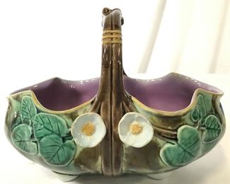 Antique MAJOLICA Porcelain Floral & Leaf Basket
