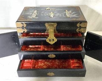 Asian Lacquer Brass Mother of Pearl Jewelry Box