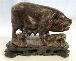 Asian Carved Stone Pig w Piglets Sculpture