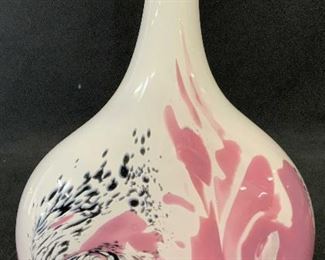 Signed Pink White Black Swirl Art Glass Vase, 1997